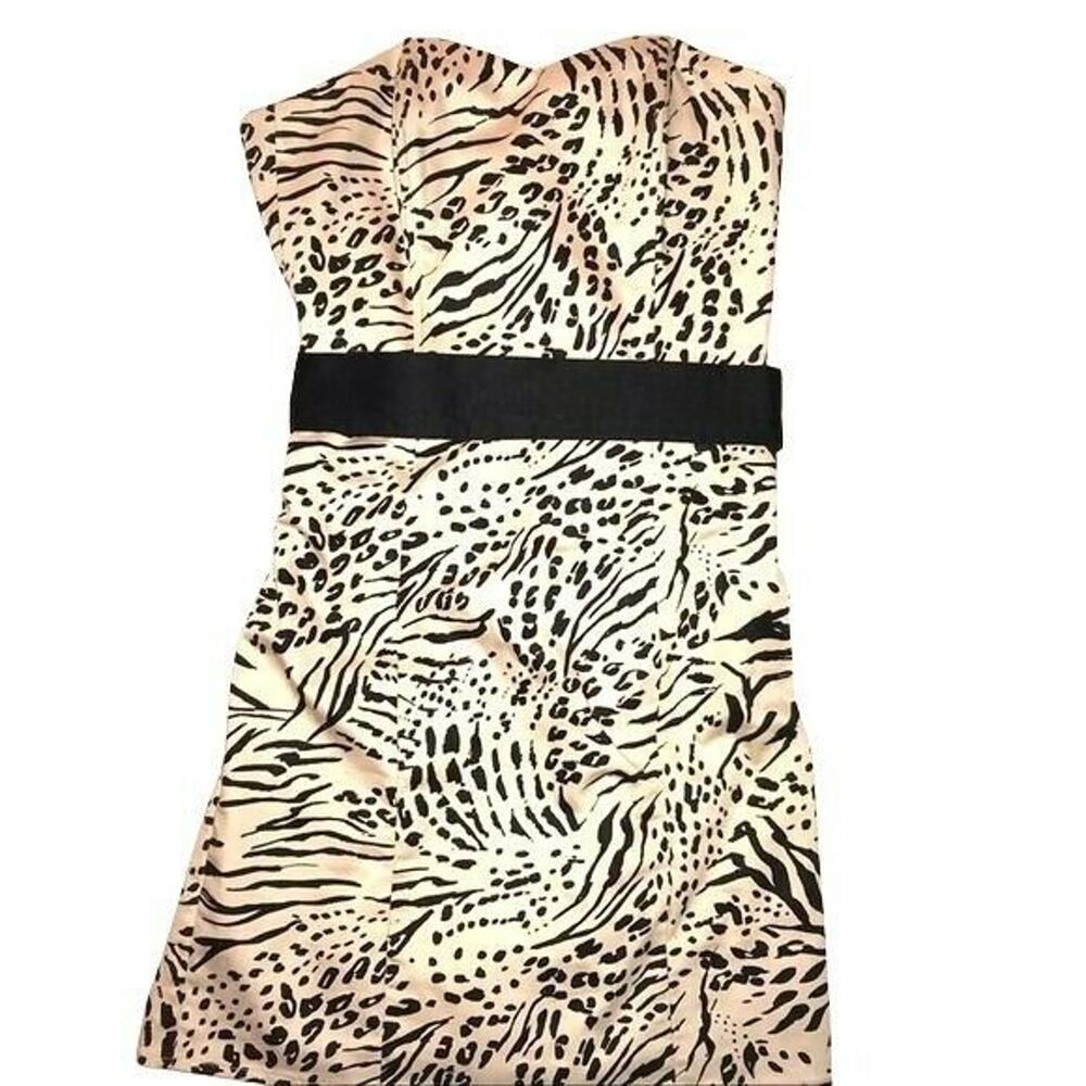 H&M Strapless Animal Leopard Print Dress Black Ribbon Belt Size 6